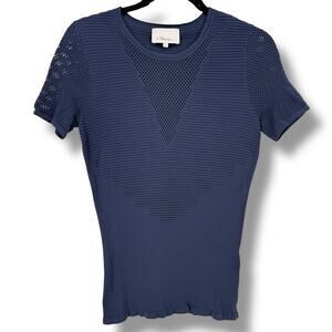 3.1 Phillip Lim Blue Ribbed Knit Top Mesh Short Sleeve Womens Size Small Stretch